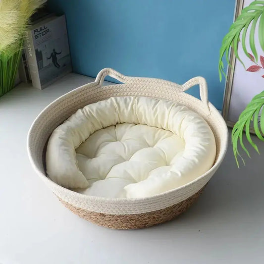 OUZEY Rattan Woven Pet Cat Bed With Cushion Soft Warm Comfortable Sleeping Basket For Cats Four Seasons Puppy Kitten Bed Les paniers et Cabas de Sophie