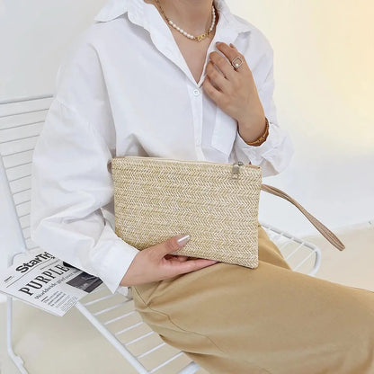 Sac à Main Pochette Clutch Bohème Femme en Paille Tissée Blanc et Beige Les paniers et Cabas de Sophie