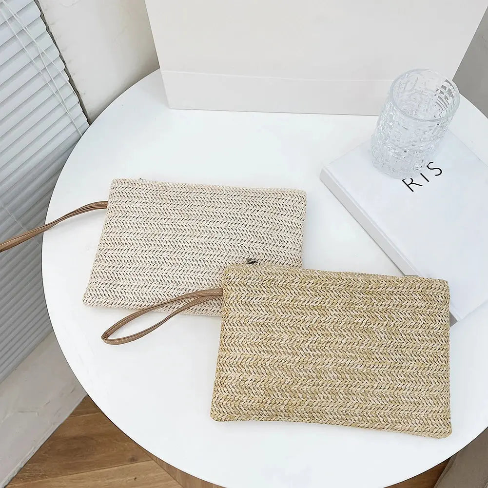 Sac à Main Pochette Clutch Bohème Femme en Paille Tissée Blanc et Beige Les paniers et Cabas de Sophie