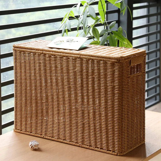 Wicker Storage Baskets Lids Rectangular Woven Shelf Baskets Rattan Storage Bins Laundry Hamper Magazine Basket Narrow Les paniers et Cabas de Sophie