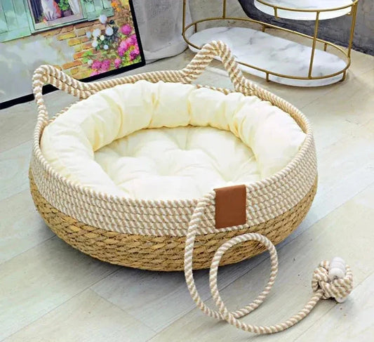 Woven Four Seasons Cat Bed Removable Upholstery Sleeping House Cat Scratch Floor Rattan Wear-resistant Washable Cat Pet Supplies Les paniers et Cabas de Sophie