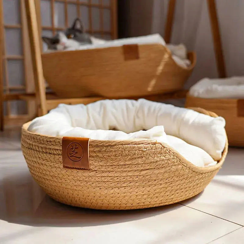 Yokee Pet Cat Mat Dog Bed Sofa Handmade Bamboo Weaving Four Season Cozy Nest Baskets Waterproof Removable Cushion Sleeping House Les paniers et Cabas de Sophie