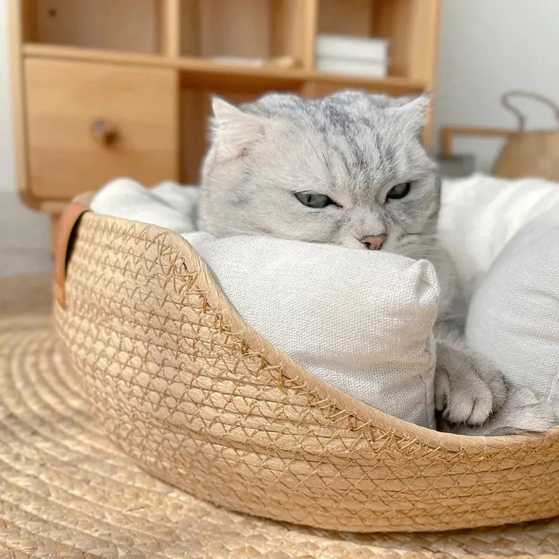 Yokee Pet Cat Mat Dog Bed Sofa Handmade Bamboo Weaving Four Season Cozy Nest Baskets Waterproof Removable Cushion Sleeping House Les paniers et Cabas de Sophie