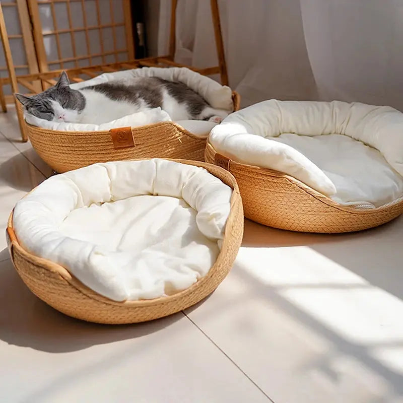 Yokee Pet Cat Mat Dog Bed Sofa Handmade Bamboo Weaving Four Season Cozy Nest Baskets Waterproof Removable Cushion Sleeping House Les paniers et Cabas de Sophie