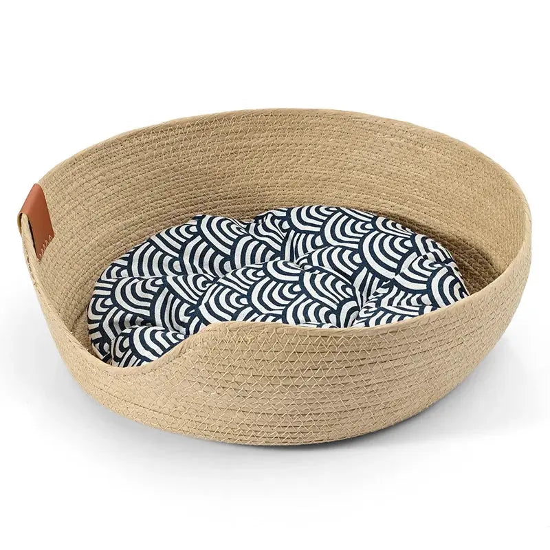 Yokee Pet Cat Mat Dog Bed Sofa Handmade Bamboo Weaving Four Season Cozy Nest Baskets Waterproof Removable Cushion Sleeping House Les paniers et Cabas de Sophie