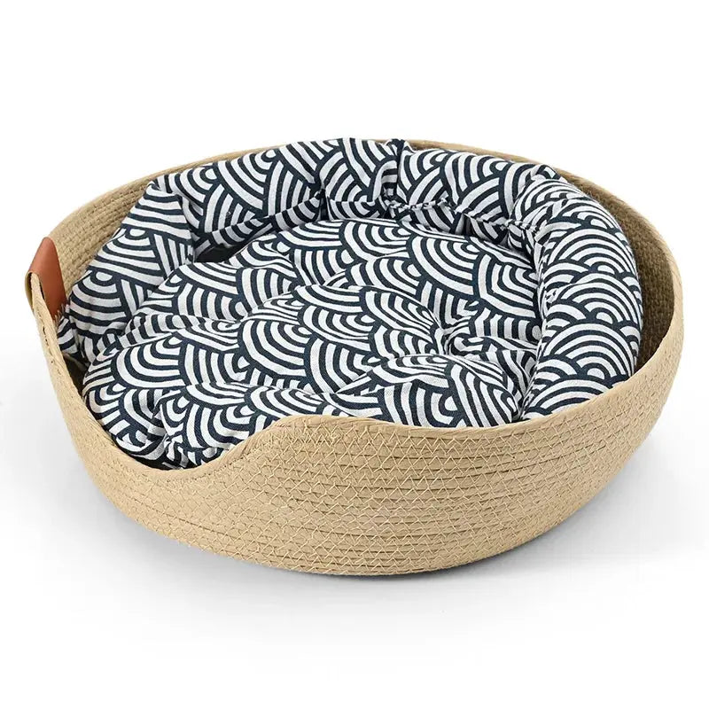 Yokee Pet Cat Mat Dog Bed Sofa Handmade Bamboo Weaving Four Season Cozy Nest Baskets Waterproof Removable Cushion Sleeping House Les paniers et Cabas de Sophie