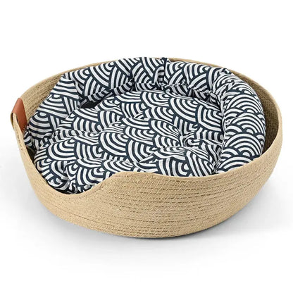 Yokee Pet Cat Mat Dog Bed Sofa Handmade Bamboo Weaving Four Season Cozy Nest Baskets Waterproof Removable Cushion Sleeping House Les paniers et Cabas de Sophie